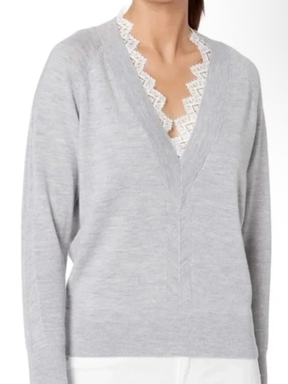 Rebecca Taylor gray wool lace v neck long sleeve sweater top size S